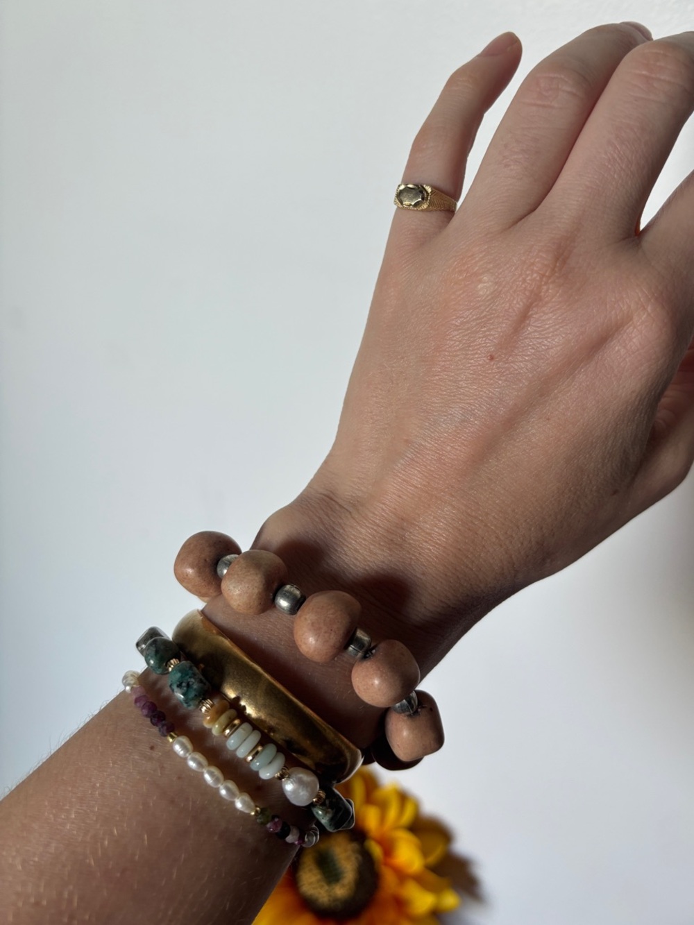 Vintage Bead Stretch Bracelet Neutral Stones and Silver Stackable